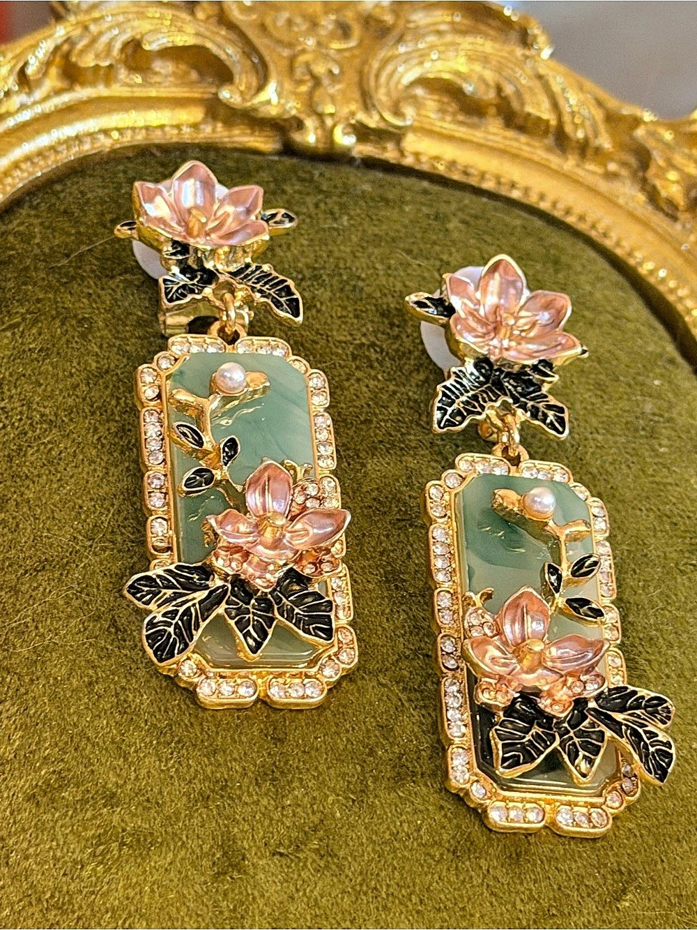 Floral Crystal Drop Earrings in Pink & Green Like New